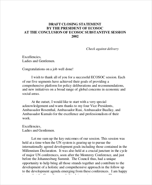 Closing Argument Template   Sample Draft Closing Statement 