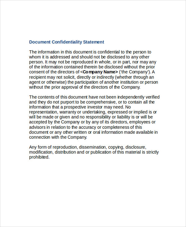 business plan cover page confidentiality statement