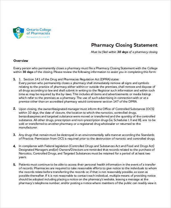 FREE 7 Sample Closing Statement Templates In MS Word PDF   Pharmacy Closing Statement 