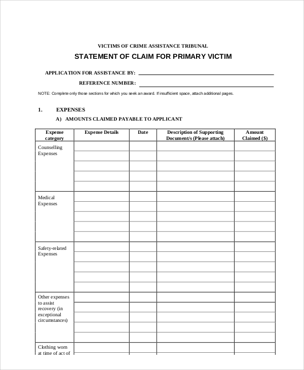 primary victim statement of claim form