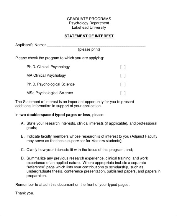 Statement Of Interest Template