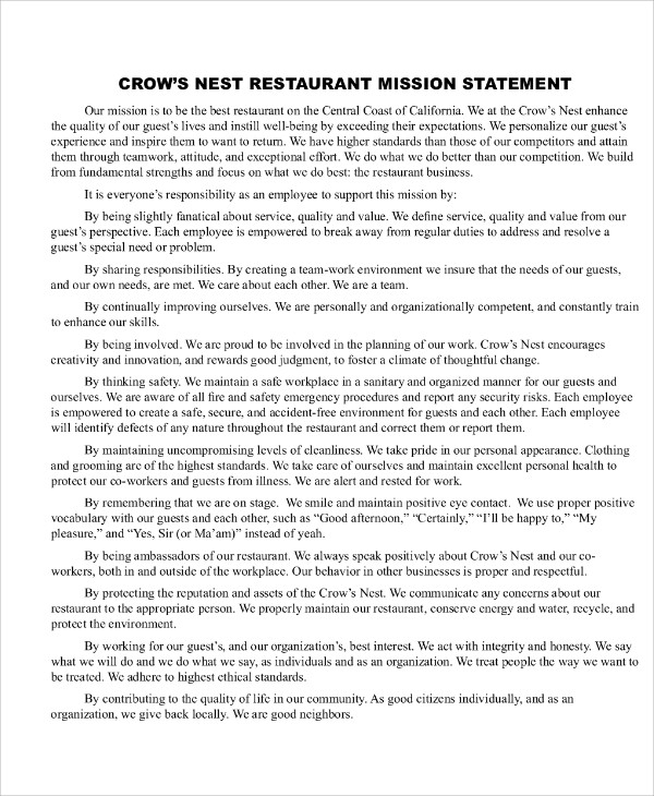 restaurant mission statement