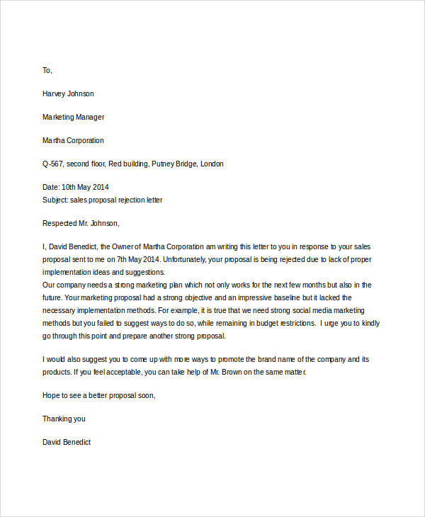 Proposal Rejection Letter Template