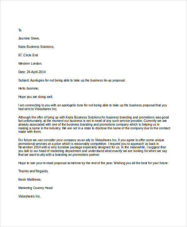 business proposal rejection letter