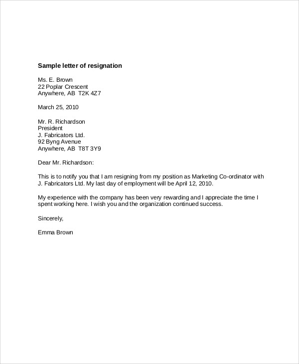FREE 9+ Sample Resignation Letter Templates in PDF MS