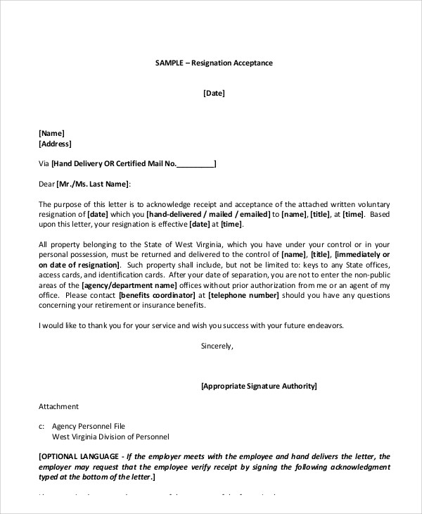 sample resignation acceptance letter 7 examples in pdf