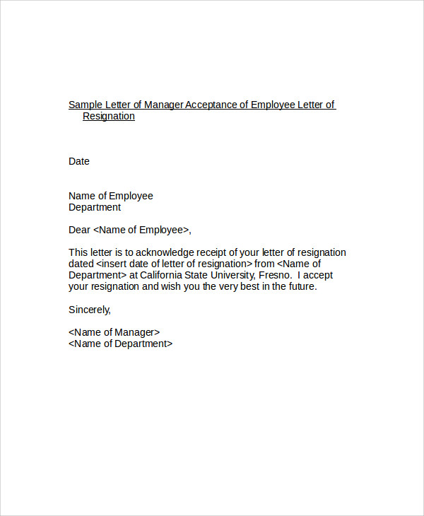 Resignation Letter Acceptance Example - Sample Resignation Letter