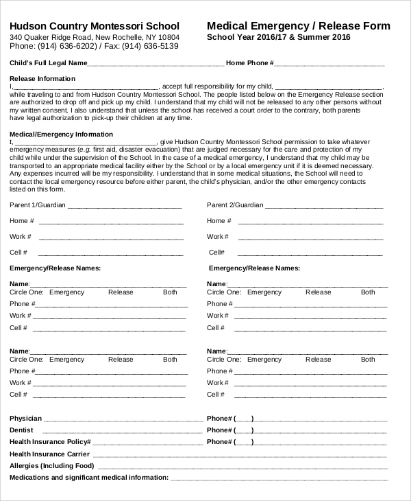 medical emergency release form