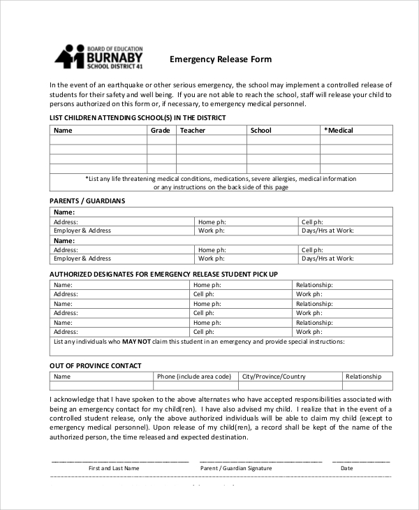standard emergency release form
