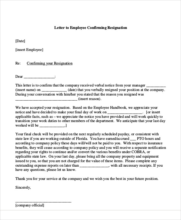 Resignation Acceptance Letter Template