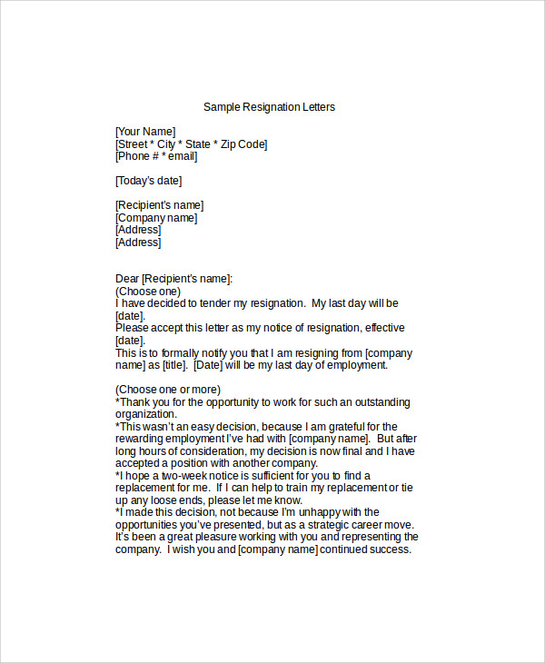 company resignation letter example