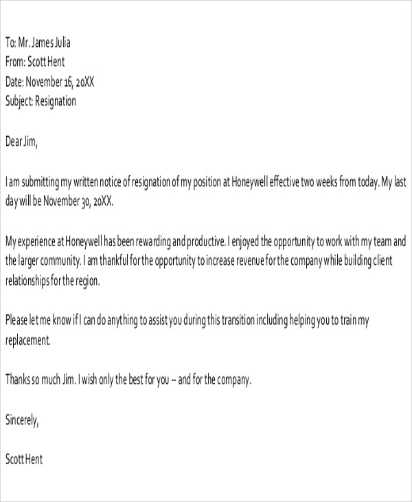 manager position resignation letter
