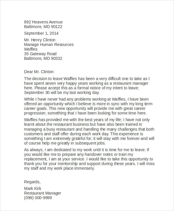 restaurant manager resignation letter