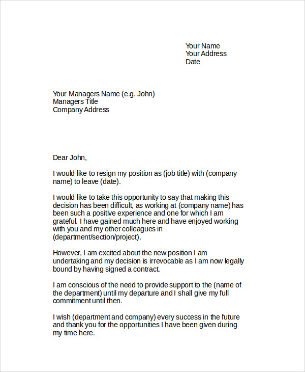 Free 5 Sample Resignation Letter Templates In Ms Word