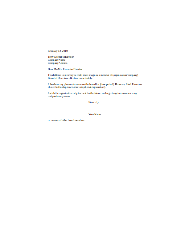 Non Profit Board Resignation Letter Sample from images.sampletemplates.com