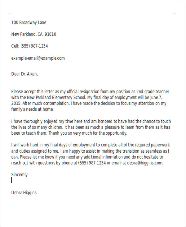 Letter Of Resignation Sample Teacher from images.sampletemplates.com