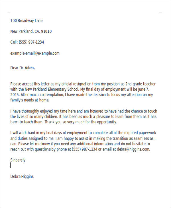 teacher job resignation letter