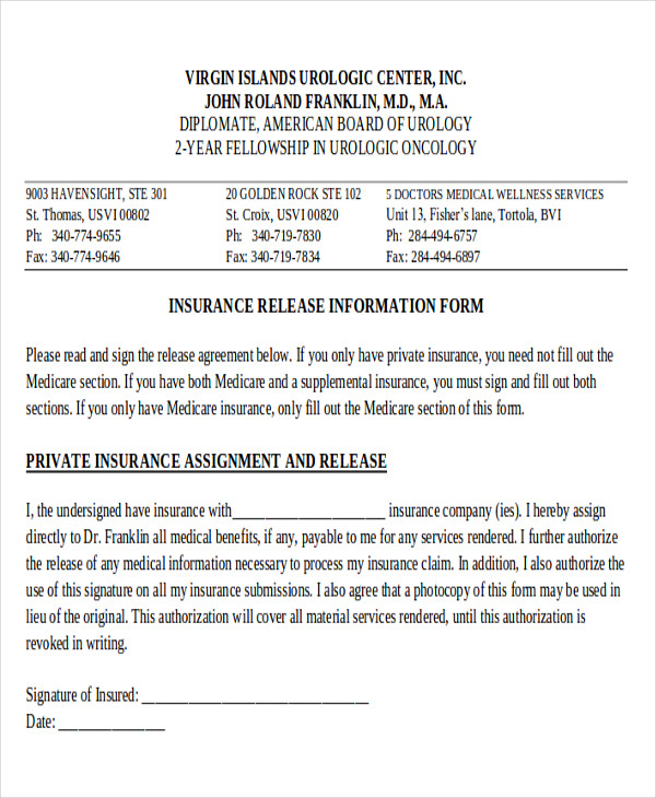 FREE 9  Sample Insurance Release Forms in MS Word PDF