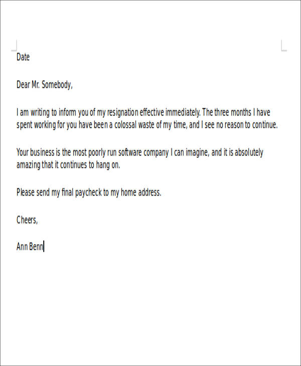 Free 4 Sample Rude Resignation Letter Templates In Ms Word