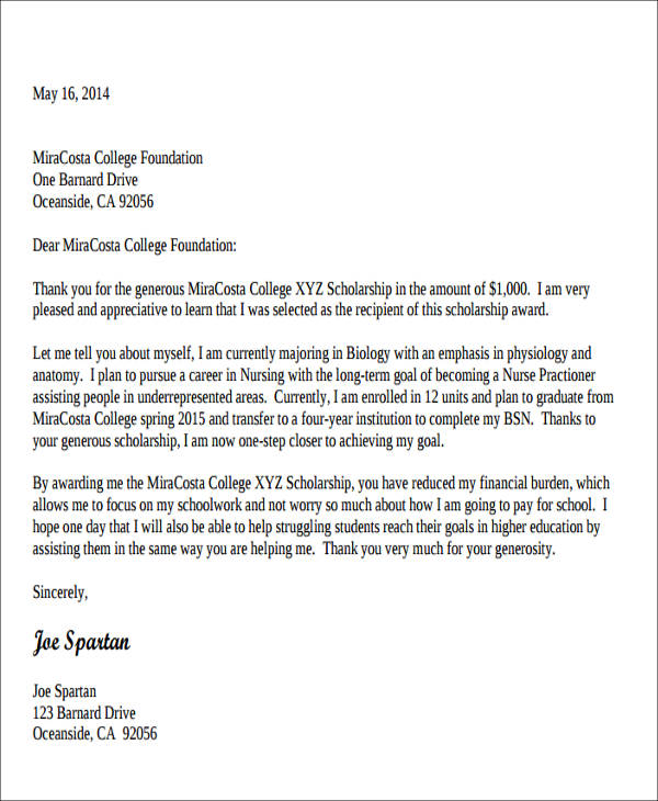 college scholarship thank you note