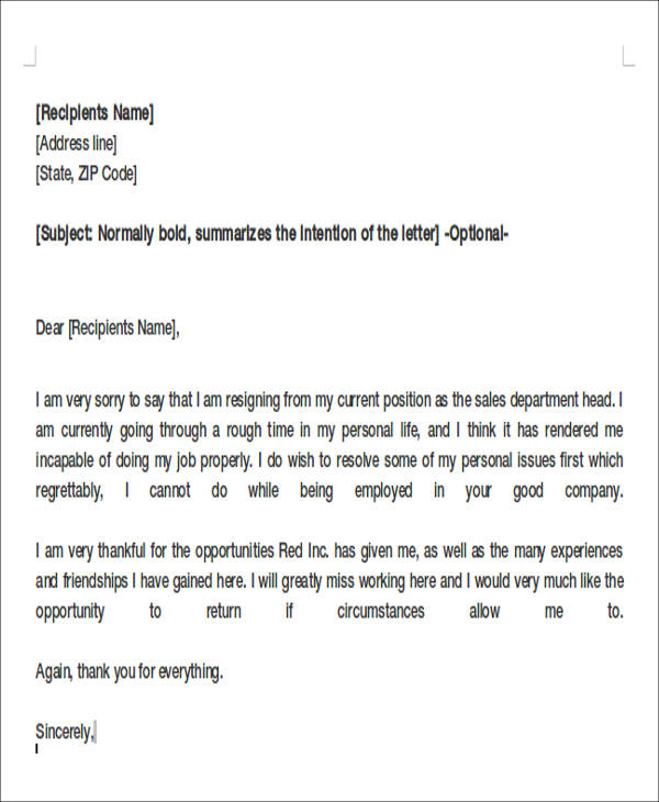 FREE 11+ Sample Resignation Letters for Personal Reasons in PDF | MS ...