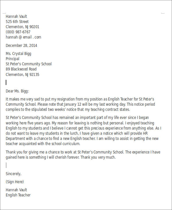 teacher resignation letter personal reasons