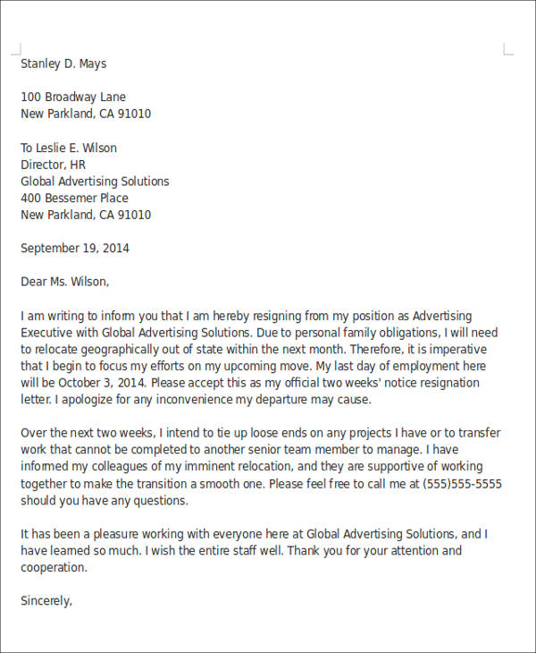 Two Week Notice Letter Of Resignation from images.sampletemplates.com