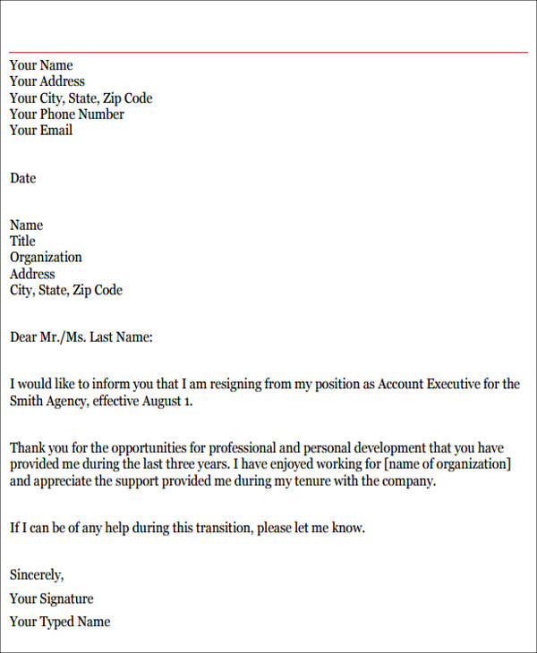 two weeks resignation letter format