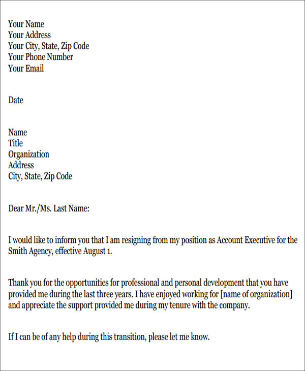 Short Formal Resignation Letter