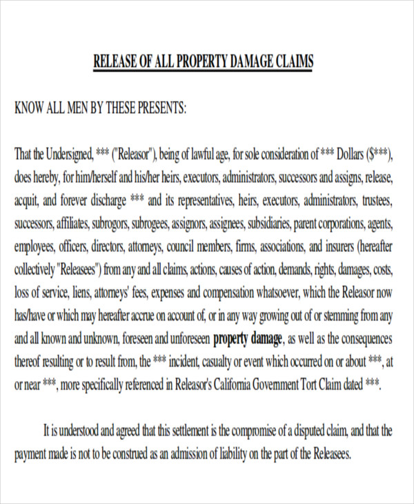 FREE 9  Sample Property Damage Release Forms in MS Word PDF