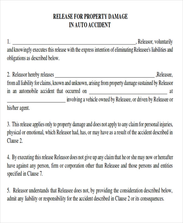 sample property damage claim release form