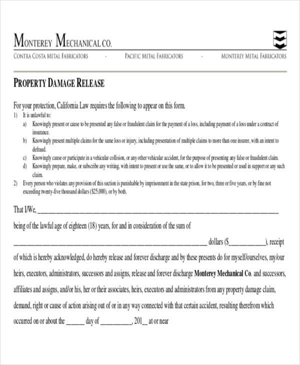 FREE 9  Sample Property Damage Release Forms in MS Word PDF