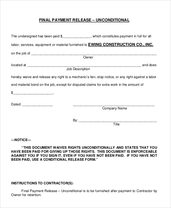 FREE 8  Sample Construction Release Forms in MS Word PDF