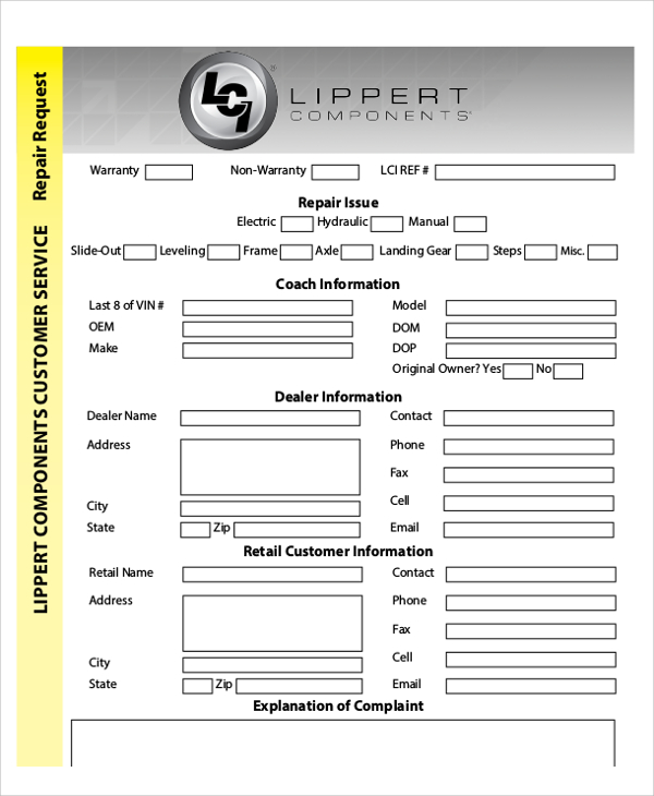 sample coach repair request form