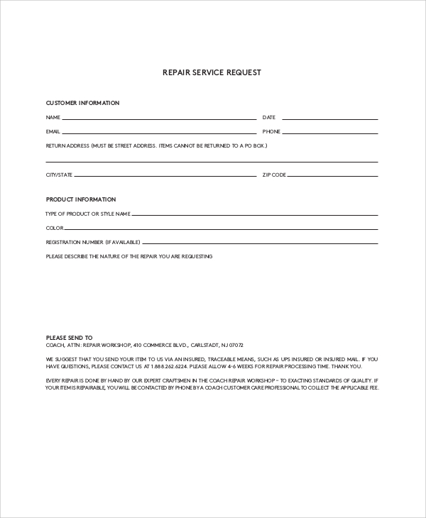 FREE 12 Sample Repair Request Forms In MS Word PDF