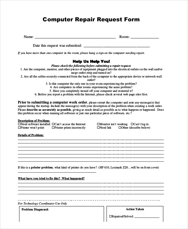 FREE 12 Sample Repair Request Forms In MS Word PDF