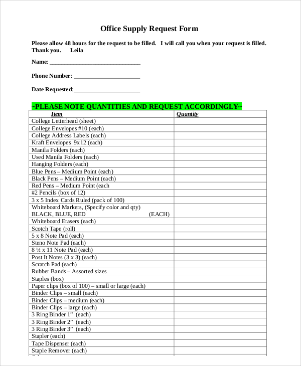 Free 10 Sample Supply Request Forms In Ms Word Pdf