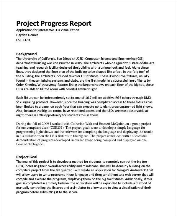 project progress report example