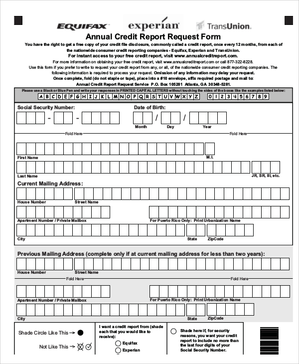 equifax annual credit report request form