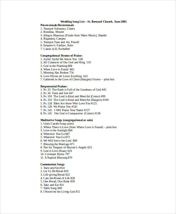 sample wedding songs list