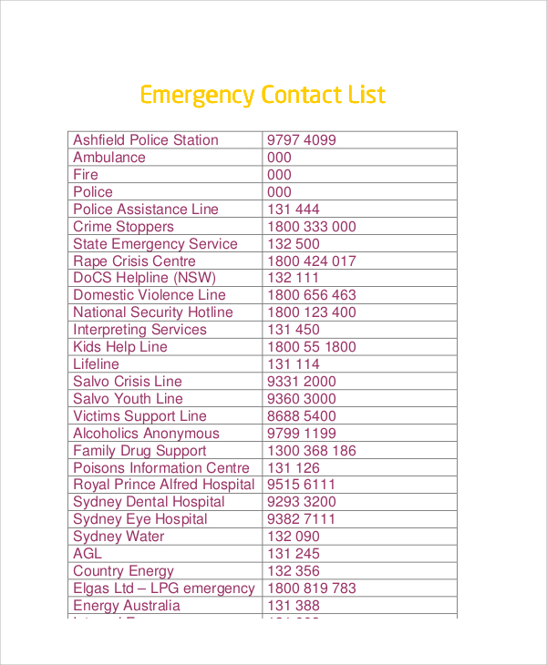 Emergency Contact List Template