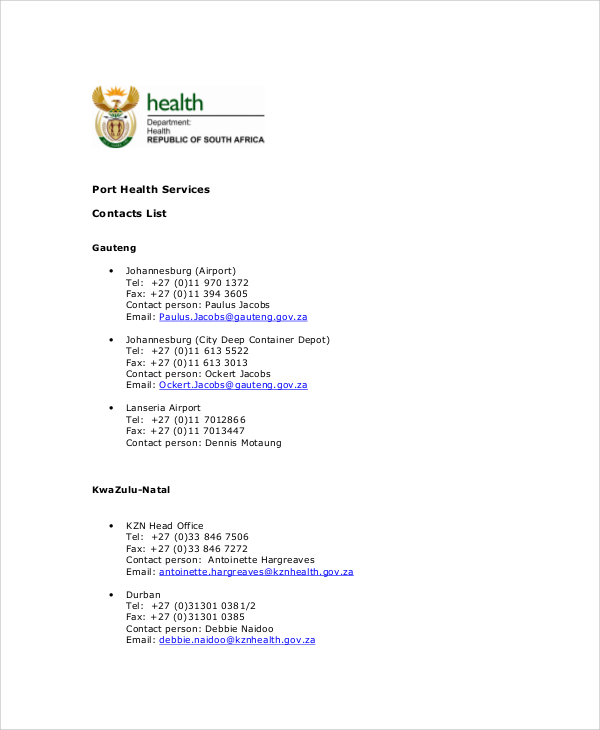 health services contact list