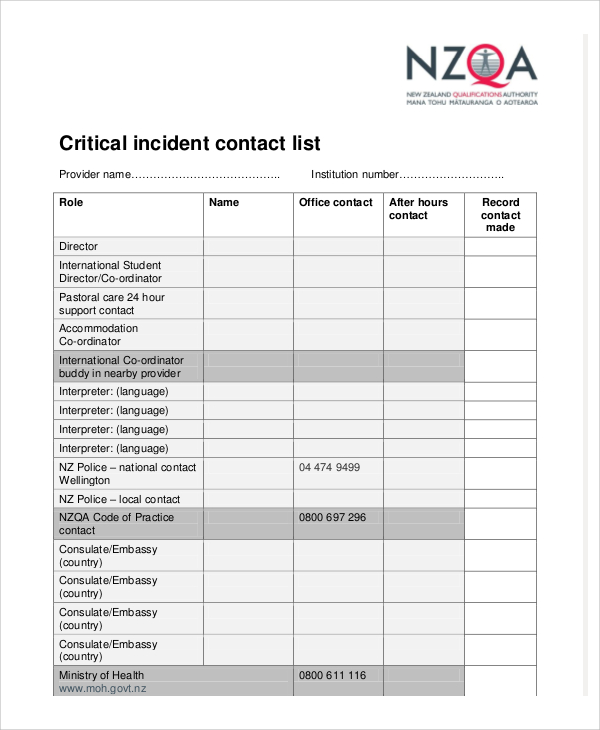 critical incident contact list