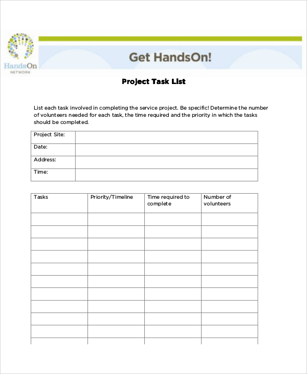 sample project task list