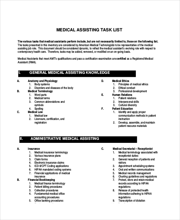 medical assiting task list
