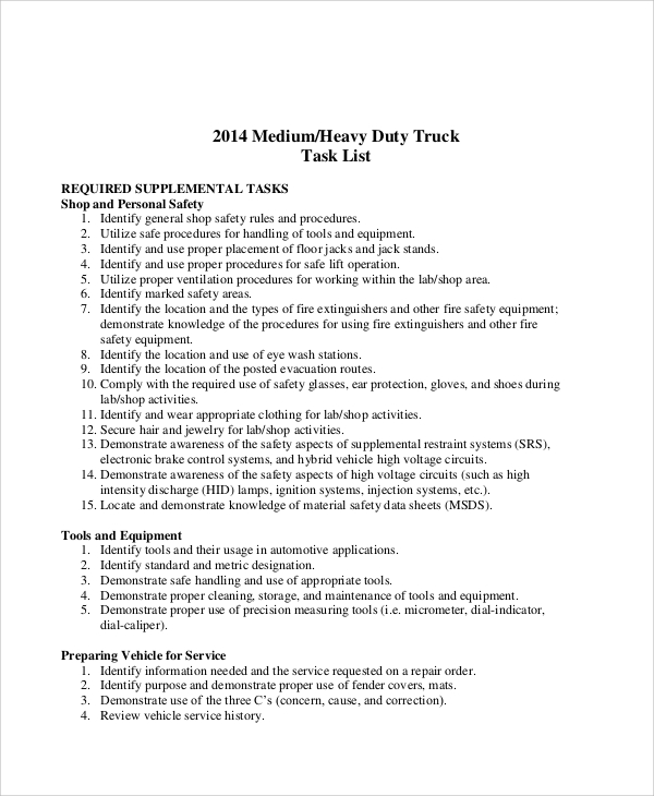 truck task list sample
