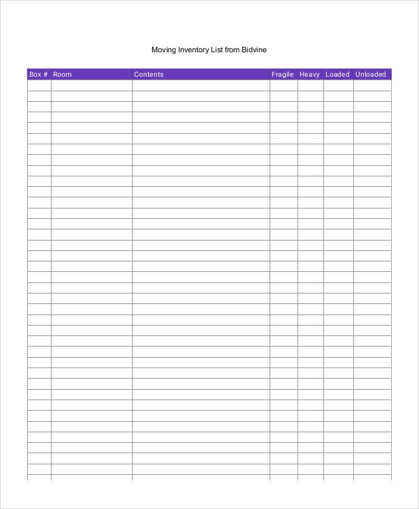 Moving Inventory List Form Excel Templates