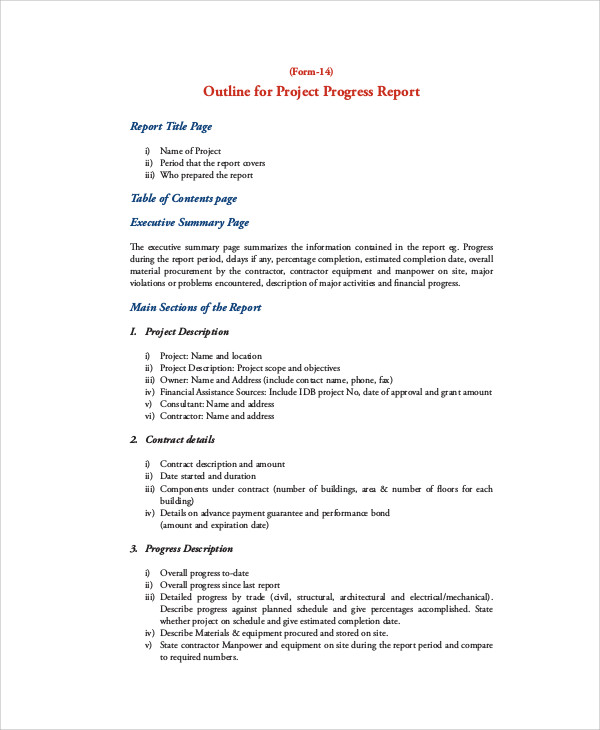 project progress report outline