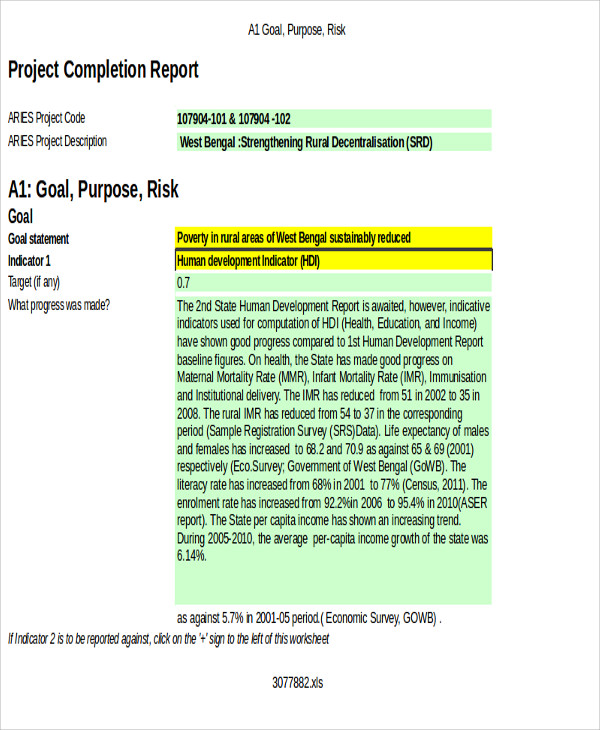 project completion report in excel