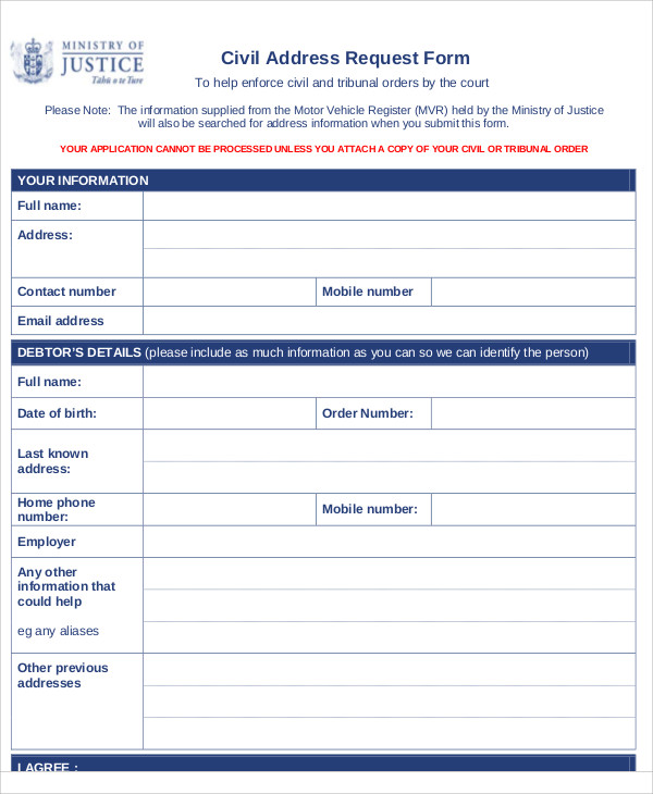 sample civil address request form
